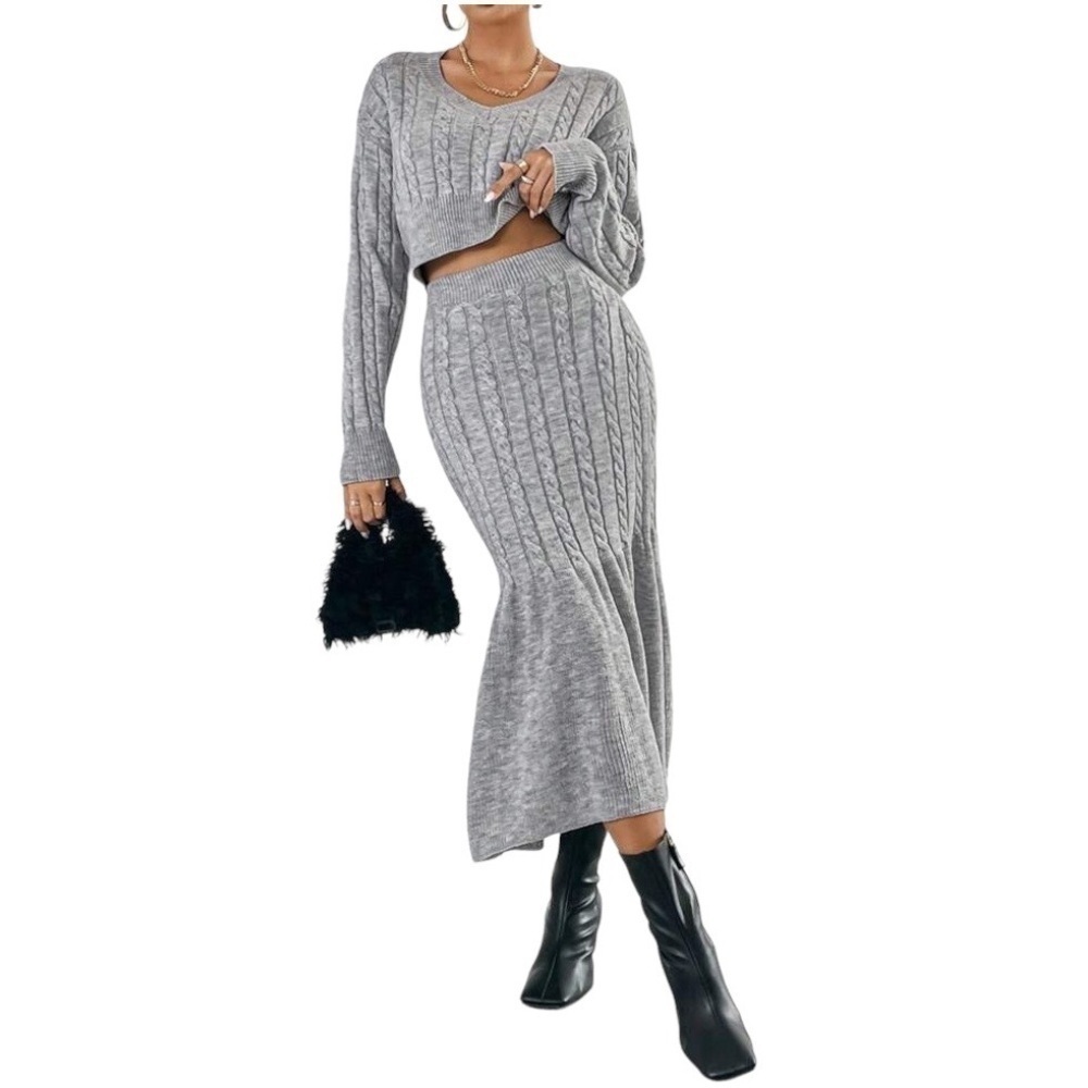 Women's Gray Knit Sweater Blouse Skirt Set Holiday Winter Sweater Dress, Sz L/10